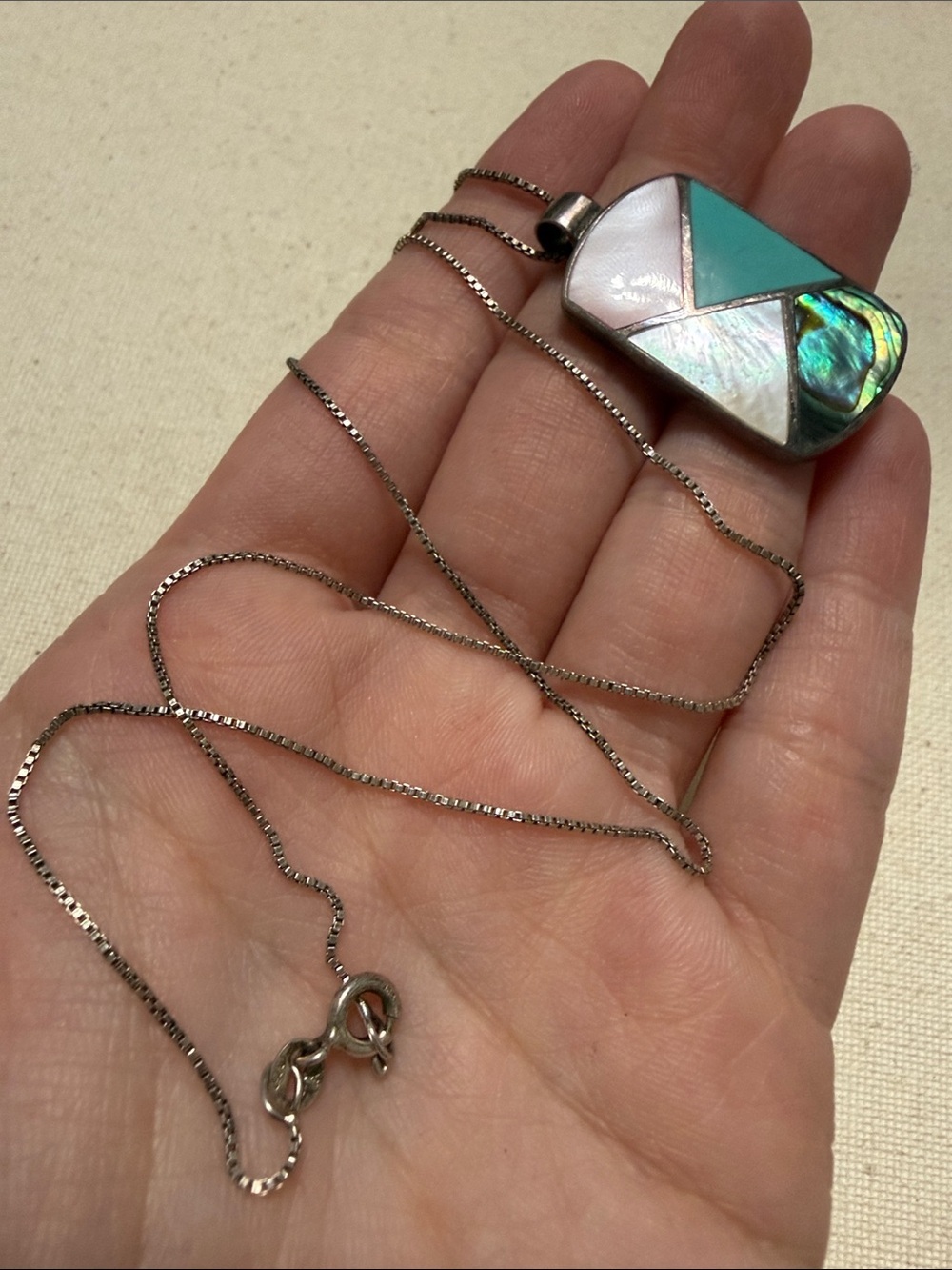 Lovely Sterling Silver 925 Inlay Turquoise&Mother of Pearl Pendant Necklace 18’